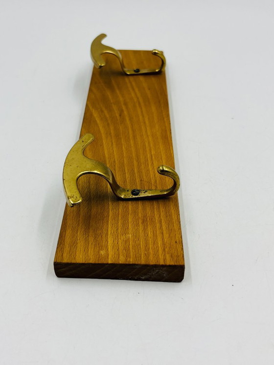 Image 1 of Vintage design wall-mounted coat rack in brass and wood