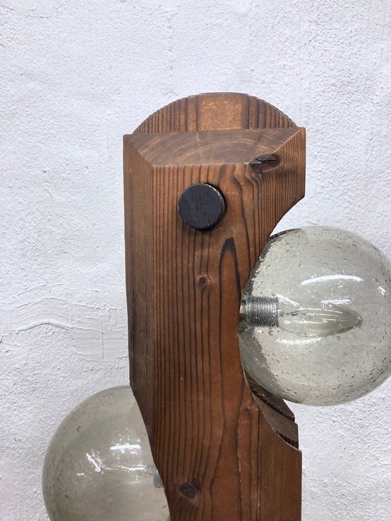 Image 1 of Stehleuchte von Temde aus Holz und Glas dreiflammig 70er brutalistischer Stil