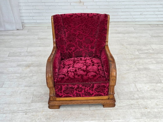 Image 1 of Anni '50, poltrona relax danese, velluto rosso per mobili, legno di quercia.