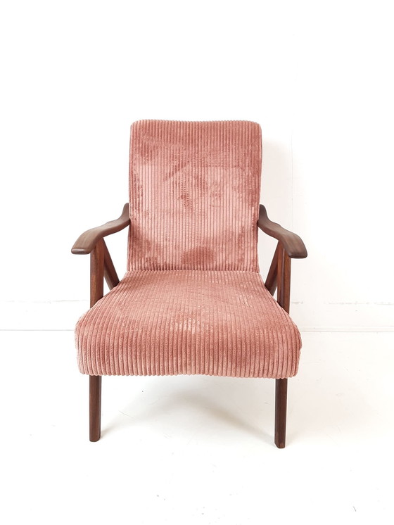 Image 1 of Vintage teak houten fauteuil | fauteuiltje roze nieuw