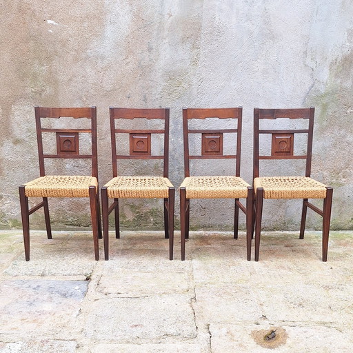 Lot de 4 Chaises en Chêne et Corde par Audoux Minnet Années 50