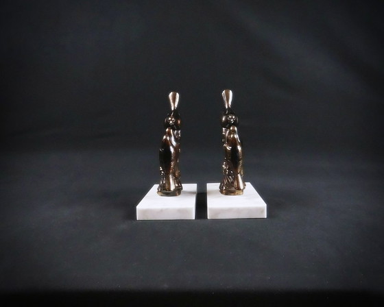 Image 1 of Pair of regule and marble bird sculpture bookends signed Frécourt art deco