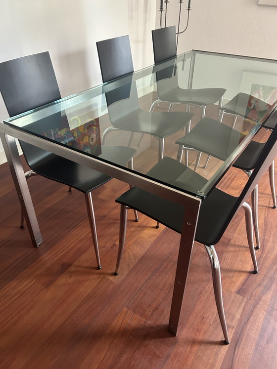 Image 1 of Metaform M2 dining table with glass top and metal frame