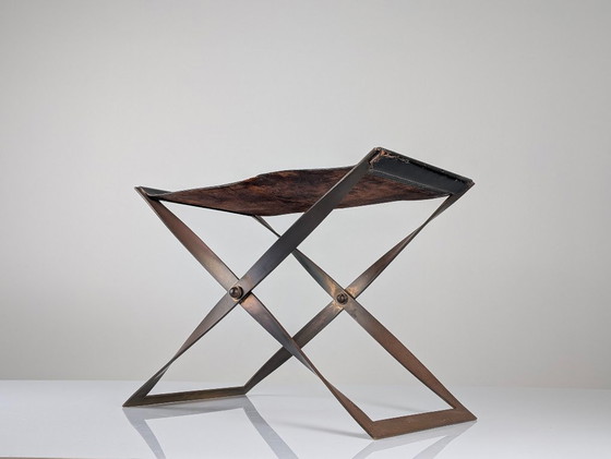 Image 1 of Folding Steel and Leather Stool, Denmark 1960s