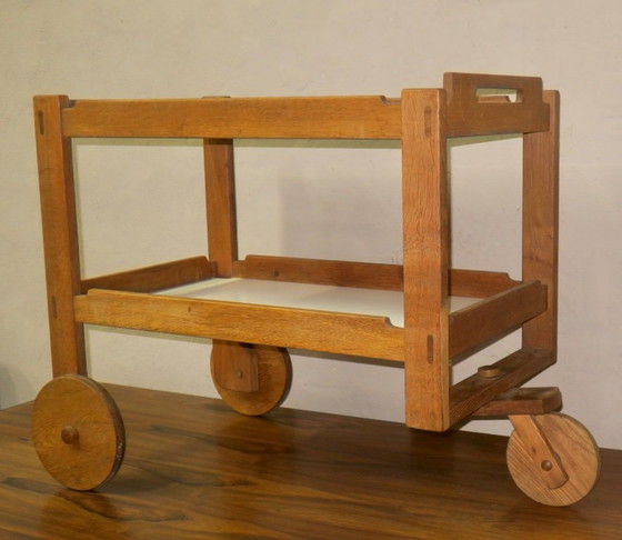 Brutalist Scandinavian Bar Cart / Serving Trolley in Solid Oak, 1950s-60s – Wood (photo 10 of 14)