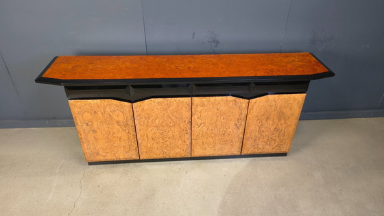 Image 1 of Vintage lacquer and burl wood credenza, 1980s