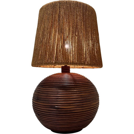 Round rattan lamp with rope shade. French work in the style of Adrien Adoux and Frida Minet. Circa 1970