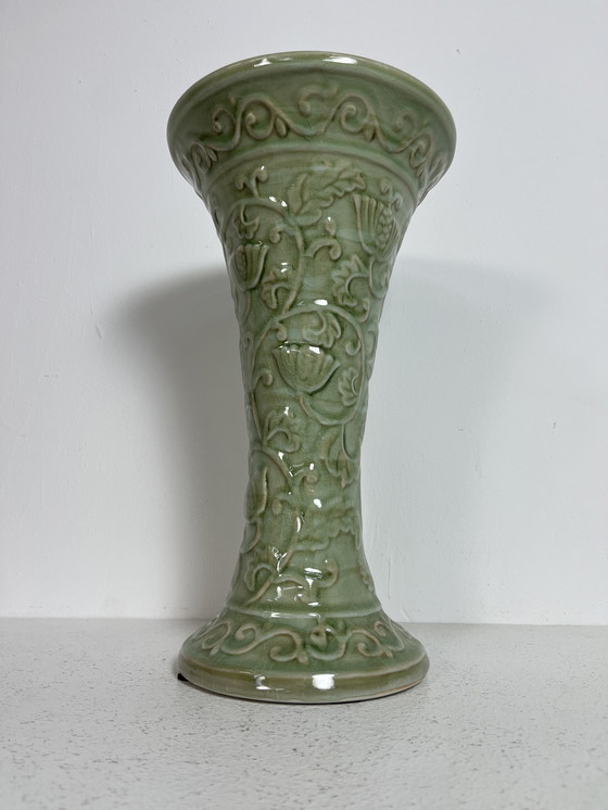 Image 1 of Vintage tall Art Nouveau floral motif vase