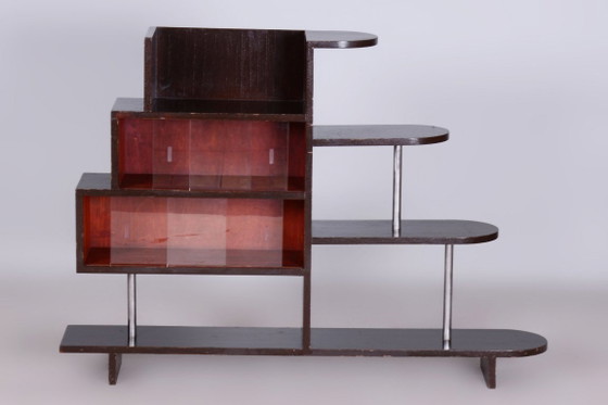 Restored Artdeco Étagère, Oak, Glass, Chromed Steel, Czech, 1930s – Display cabinets, Wood (photo 6 of 8)