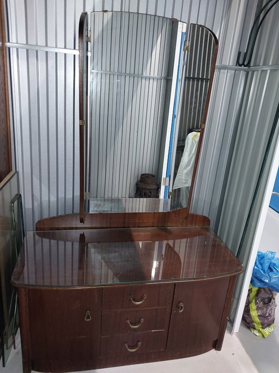 Coiffeuse années 60 avec miroir triptyque, Bois, Verre, Marron, 1960 (photo 2 sur 7)