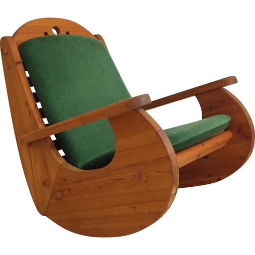 Sedia a dondolo vintage in legno di pino e velluto, 1970