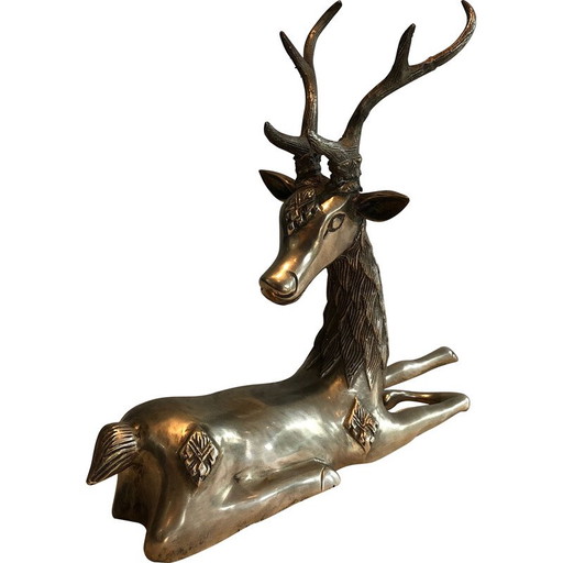 Vintage sculpture "Reclining deer" in brass, France 1970