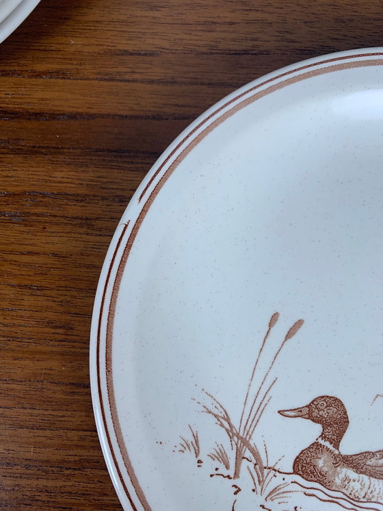 Image 1 of Vintage Churchill Engeland Dessert Borden Set - Eend Patroon & Rood/Bruin Bord, 1980/90