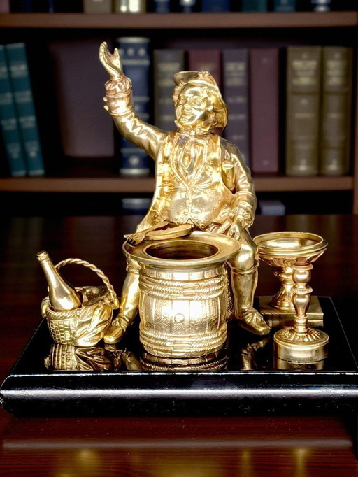 Tintero antiguo de bronce, diseño de caballero, 1840, Francia