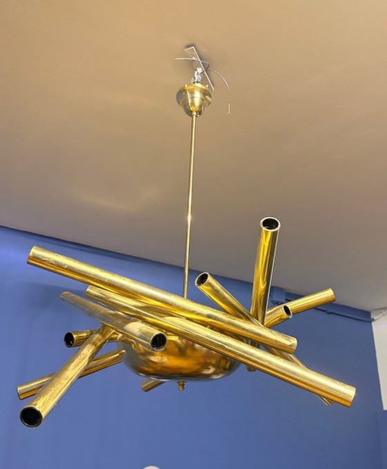 Vintage Sputnik Space Age Ceiling Lamp by Stilnovo, 1950s, Chandeliers, Brass, Gold, Modern (photo 3 of 6)
