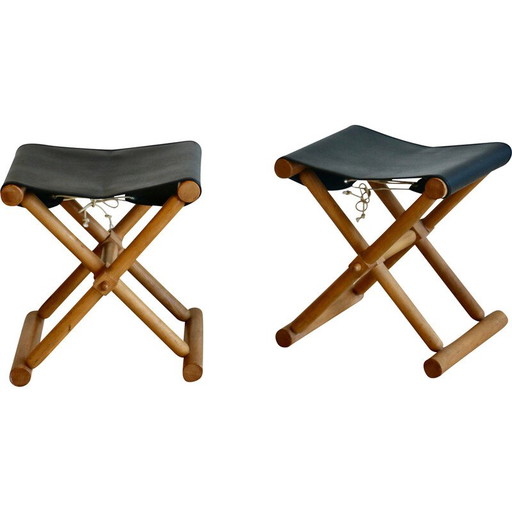 Paar Vintage-Hocker aus hellem Holz und Skai-Sitzen, Frankreich 1980