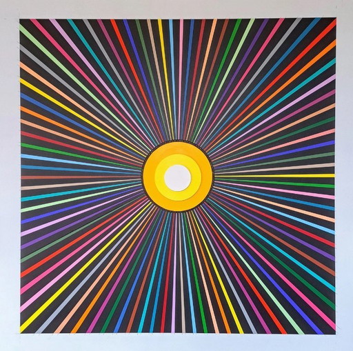 Colorful abstract painting "Millions de couleurs, de rayons de soleil" - Franklin van Dam (acrylic on MDF, 95x95 cm)