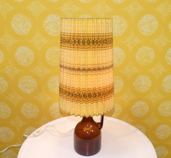 Image 1 of Table lamp 70s amber glass base light yellow patterned pleated shade vintage retro seventies space age flower power