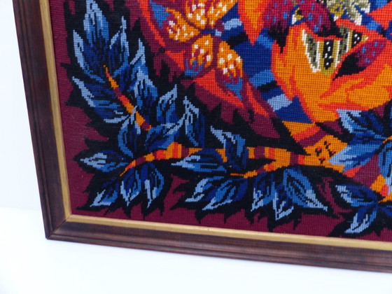 Image 1 of Grande tela da parete incorniciata con decorazione stilizzata di gufo e fogliame, produzione Royal Paris, anni '70.