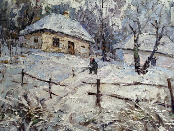 Peinture à l'huile originale Paysage rural Vie de village Il a neigé – Peintures et dessins, Canvas (photo 4 of 11)
