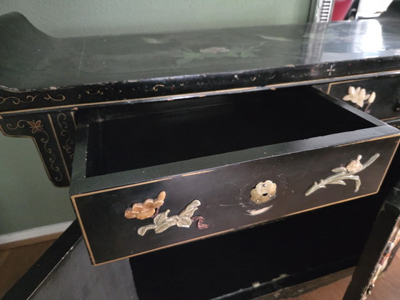 Antique Chinese Cabinet with Paintings and Soapstone – Sideboard, Wood (photo 9 of 15)