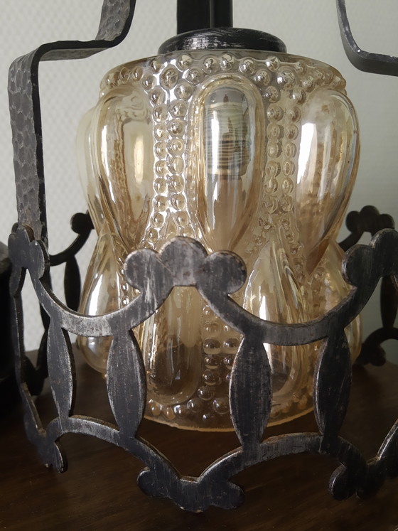 Image 1 of Amberkleurige Art-Deco Art-Nouveau Amsterdamse School pagode stijl hanglamp