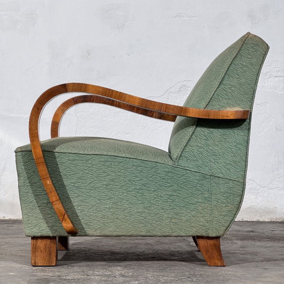 Pair of Art Deco Style Armchairs with Veneered Arms, 1960s – Textile (photo 5 of 14)