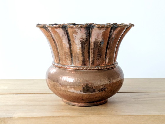 Image 1 of Midcentury Italian Planter | Hand-Hammered Copper with Scalloped Rim and Cord Detail