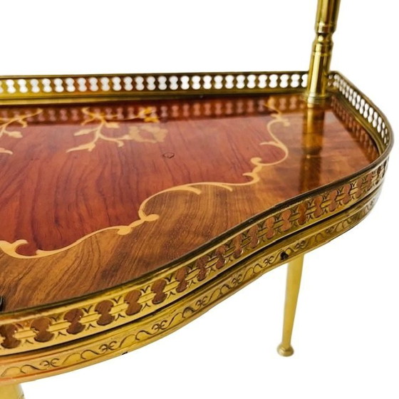 Image 1 of Console italienne mid Century demi-lune en bois marqueté laiton