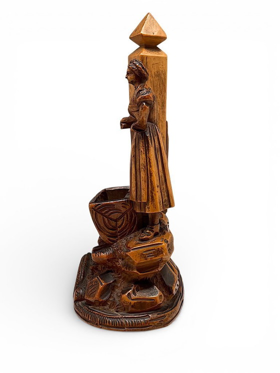 Image 1 of Antique Black Forest thermometer – Hand-carved wood carving with female sculpture (c. 1880–1920)