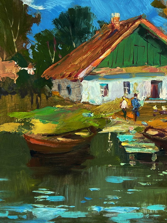 Image 1 of Origineel olieverfschilderij: Landelijk landschap, rivierboten bij het huis.