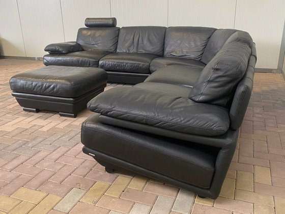 Image 1 of  Natuzzi Black Real Leather Corner Sofa + Hocker