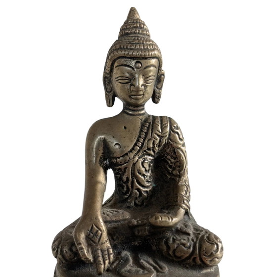 Statua di Buddha in Ottone Antico (10cm) - Bhumisparsha Mudra & Svastica - Nepal – Sculture, Brass (photo 9 of 10)