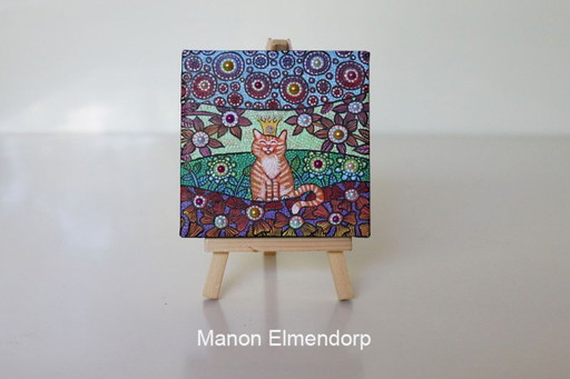 Piccolo dipinto unico, dipinto a mano, raffigurante un asinello e un gatto rosso.