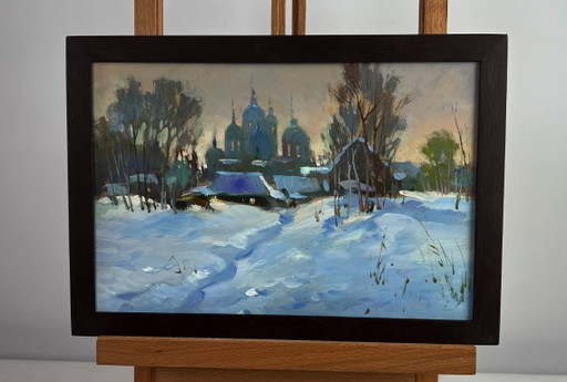 Original Oil Painting Winter Church Landscape View of the monastery in the evening