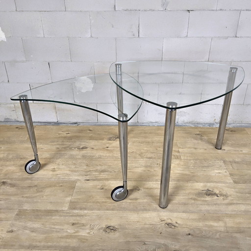 Unique retro chrome glass customizable coffee table 2 tops / floors on wheels