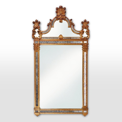 French Gilt Crested Baroque or Rococo Style Mirror Decorated with Smoked Mirror Glass