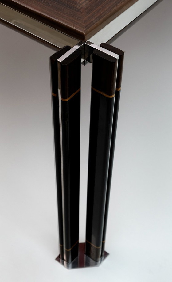 Image 1 of Table de salle à manger italienne en acier et bois incrusté de Paolo Barracchia par Roman Deco, 1978