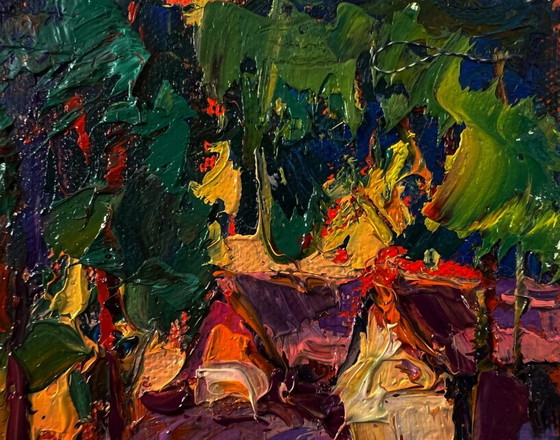 Original Oil Painting Evening Village Landscape Orange Sunset behind the Trees – Paintings & Drawings, Canvas (photo 4 of 8)