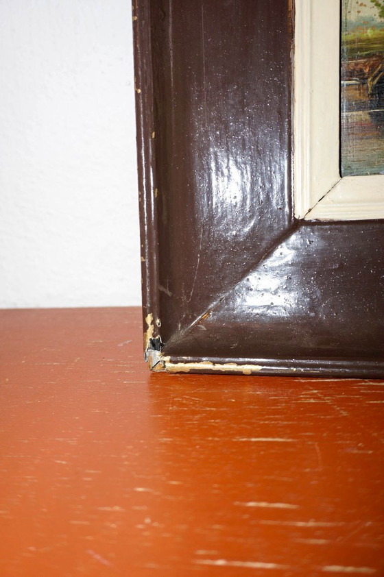 Image 1 of antique dutch windmill landscape oil painting * early 20th century * brown wooden frame * canal boat scene * farmhouse wall art