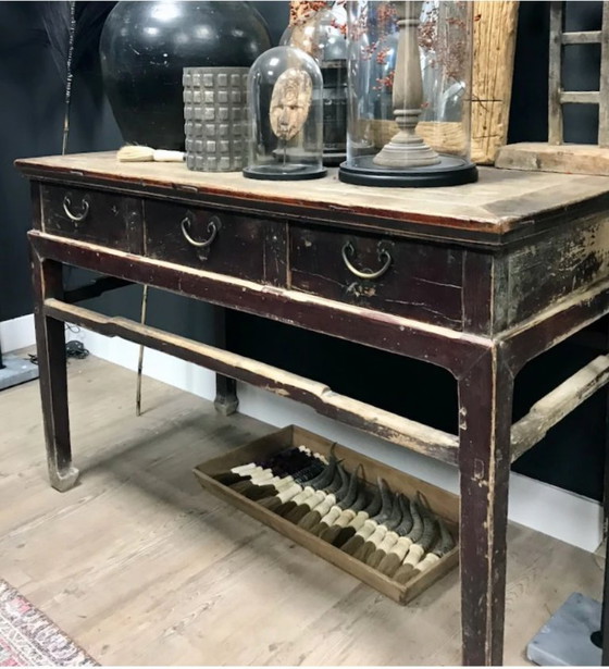 Image 1 of Única isla de cocina/mesa/escritorio/ cómoda antigua de roble pesado con tres cajones.