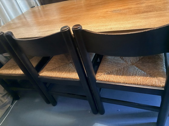 Tavolo da pranzo con 6 sedie anni '70, Cassina, Sedie da pranzo, Legno, Vimini, Marrone (foto 8 di 8)
