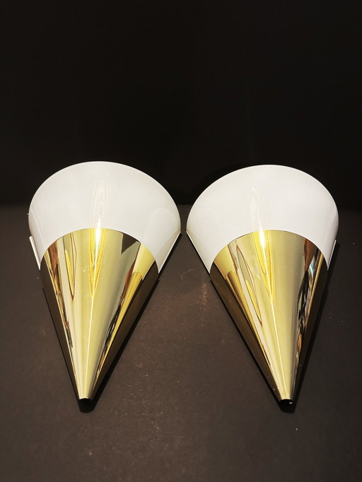 Sconces (2), Wall Lights, Art Deco, Mid Century Modern, Brass, Opaline Glass, Glashutte Limburg, Hyper Vintage, Very Rare