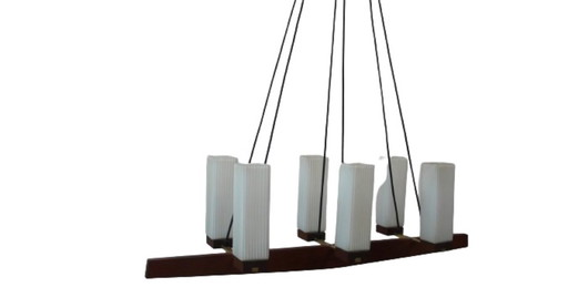 Mid - Century teak chandelier 6-light, white square glass tubes 60s