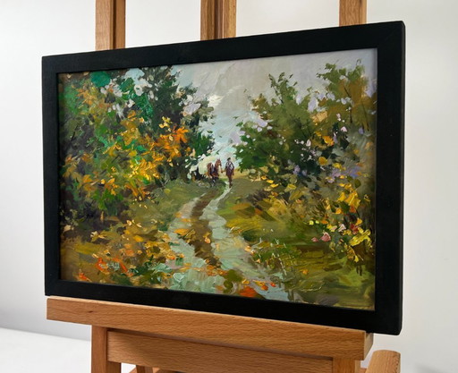 Pintura al óleo original Paisaje de camino de verano Un sendero a través del silencio del bosque