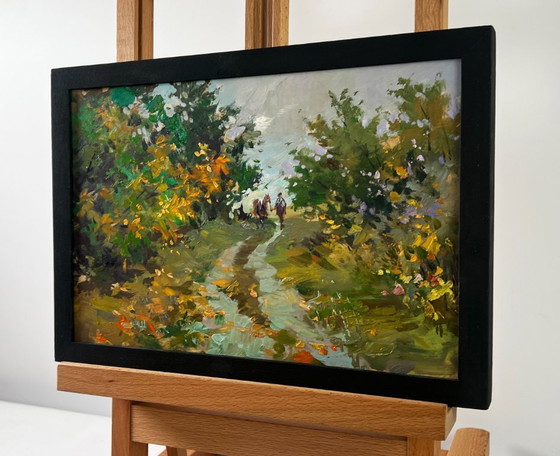 Image 1 of Peinture à l'huile originale Paysage de route d'été Un chemin à travers le silence de la forêt