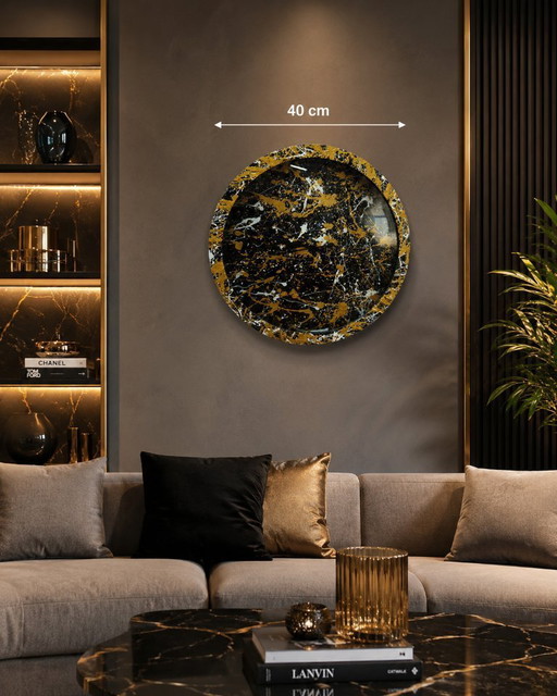 Reloj de pared abstracto hecho a mano de SutuDesigns – Negro, dorado y blanco