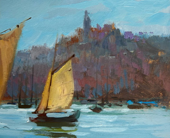 Image 1 of Peinture à l'huile originale, paysage urbain estival, vacances à la voile