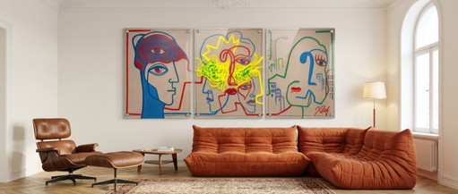 Sculpture lumineuse monumentale en 3 parties (255x100 cm) – Pop Art contemporain sur verre acrylique haut de gamme