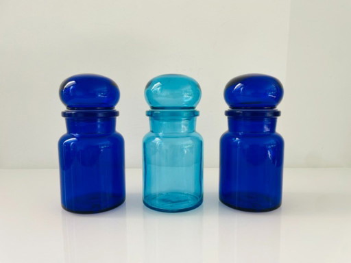 Juego de 3 frascos de boticario de vidrio azul